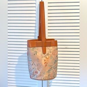 Perry Ellis vintage floral canvas bucket purse with leather trim